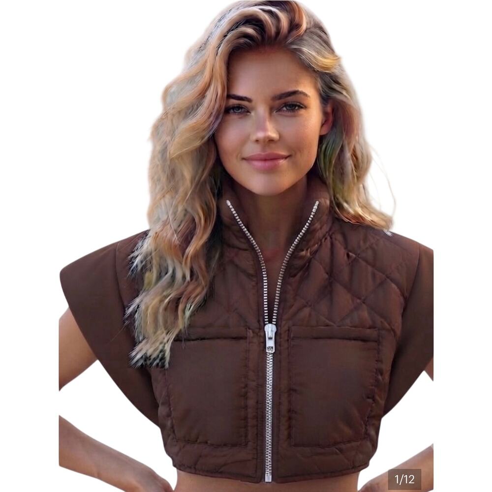 NWT HOUSE OF HARLOW Women’s Brown Cropped Quilted Zip Up Puffer Vest